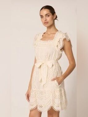 New Cleobella Mireya Cotton Linen Ivory Eyelet Mini Dress size Medium